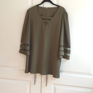 Olive Green Women's Blouse, Sz XL, V-neck, Mesh Inserts Bell Sleeves